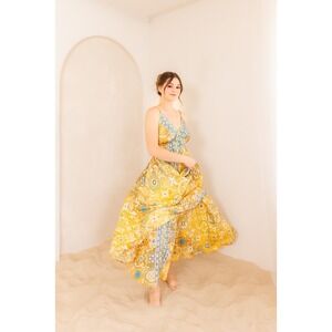 The Vacation‎ DressYellow Maxi Dress V Neck Sleeveless  Sundress Pockets Small